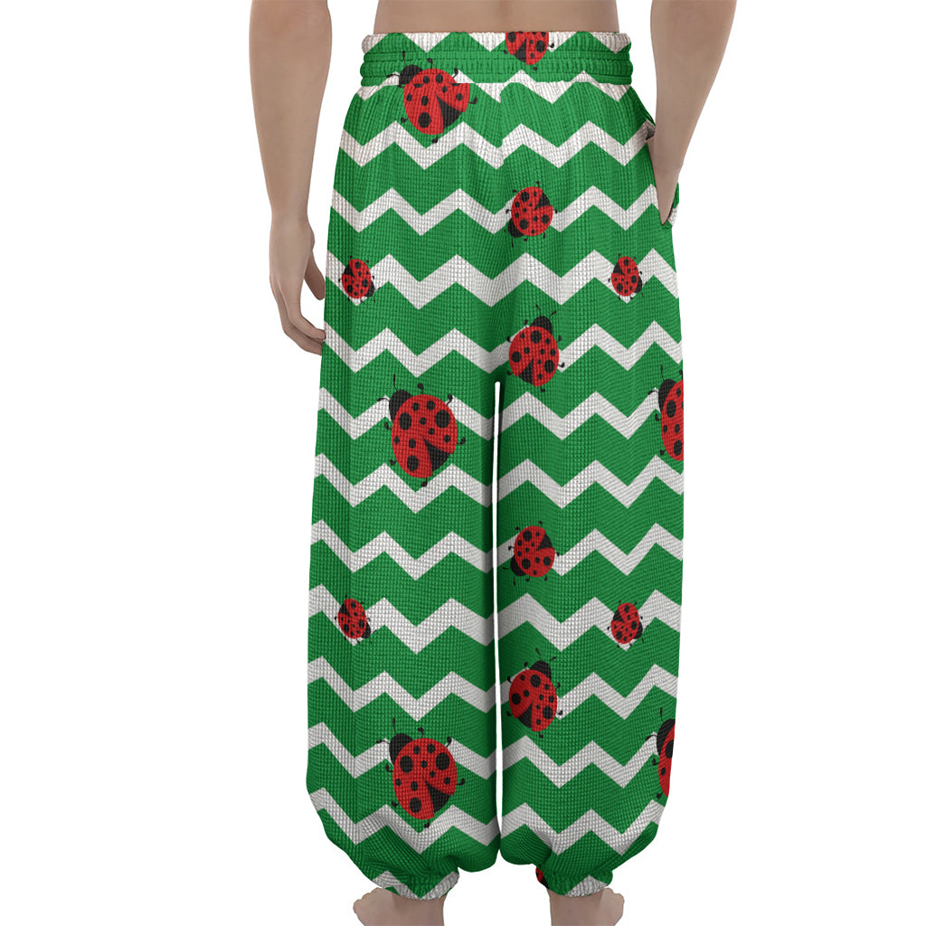 Green Zigzag Ladybird Pattern Print Lantern Pants
