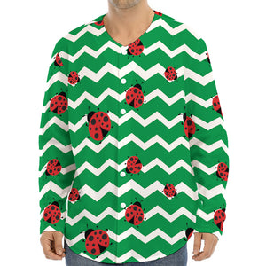 Green Zigzag Ladybird Pattern Print Long Sleeve Baseball Jersey