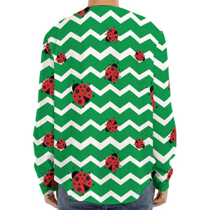 Green Zigzag Ladybird Pattern Print Long Sleeve Baseball Jersey