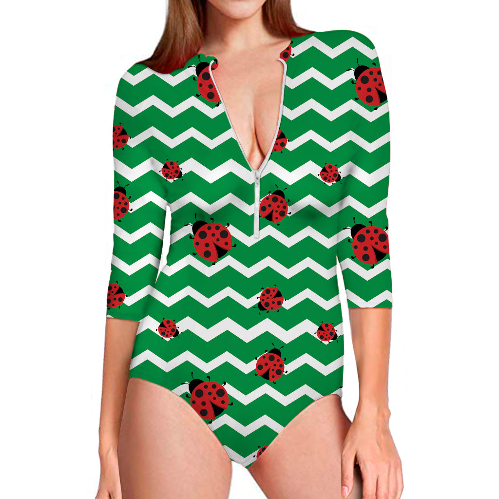 Green Zigzag Ladybird Pattern Print Long Sleeve Swimsuit