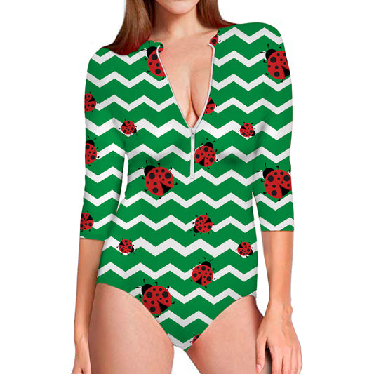 Green Zigzag Ladybird Pattern Print Long Sleeve Swimsuit