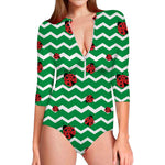 Green Zigzag Ladybird Pattern Print Long Sleeve Swimsuit