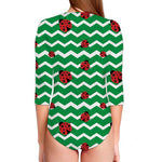 Green Zigzag Ladybird Pattern Print Long Sleeve Swimsuit