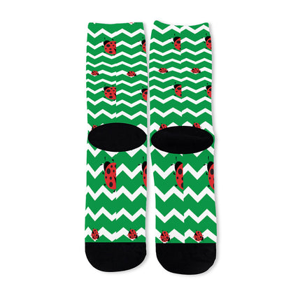 Green Zigzag Ladybird Pattern Print Long Socks