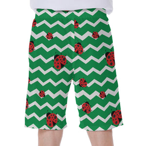 Green Zigzag Ladybird Pattern Print Men's Beach Shorts