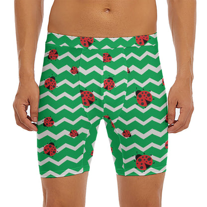 Green Zigzag Ladybird Pattern Print Men's Long Boxer Briefs