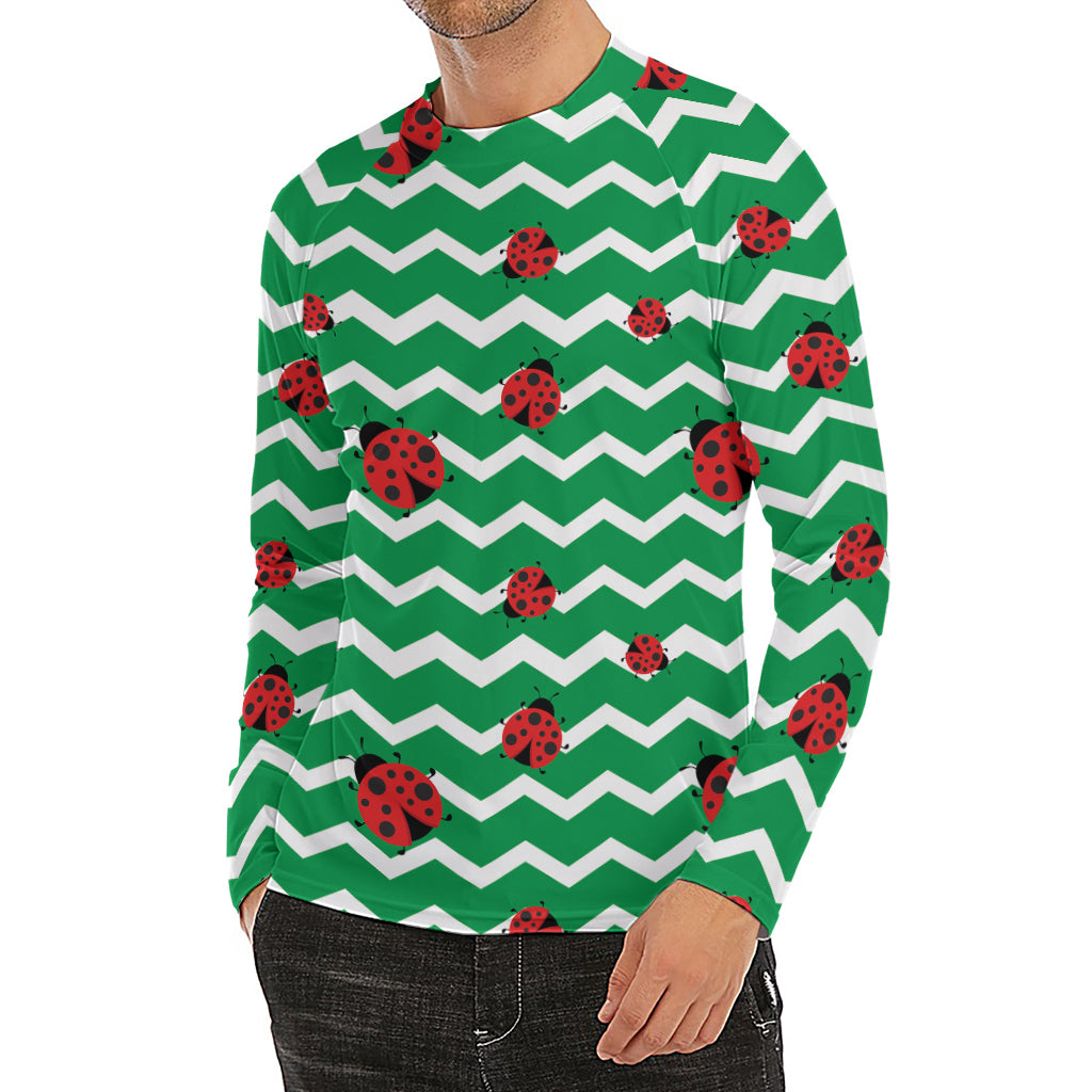 Green Zigzag Ladybird Pattern Print Men's Long Sleeve Rash Guard
