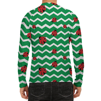 Green Zigzag Ladybird Pattern Print Men's Long Sleeve Rash Guard