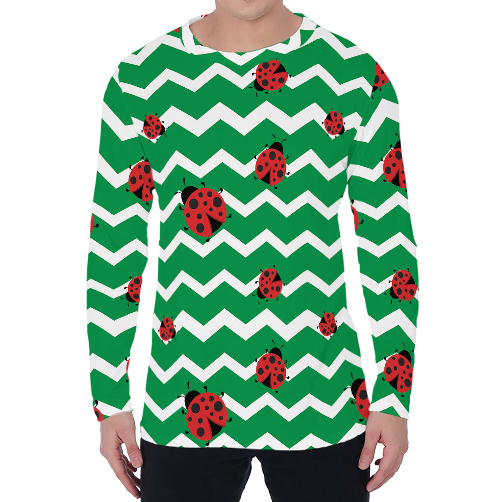 Green Zigzag Ladybird Pattern Print Men's Long Sleeve T-Shirt