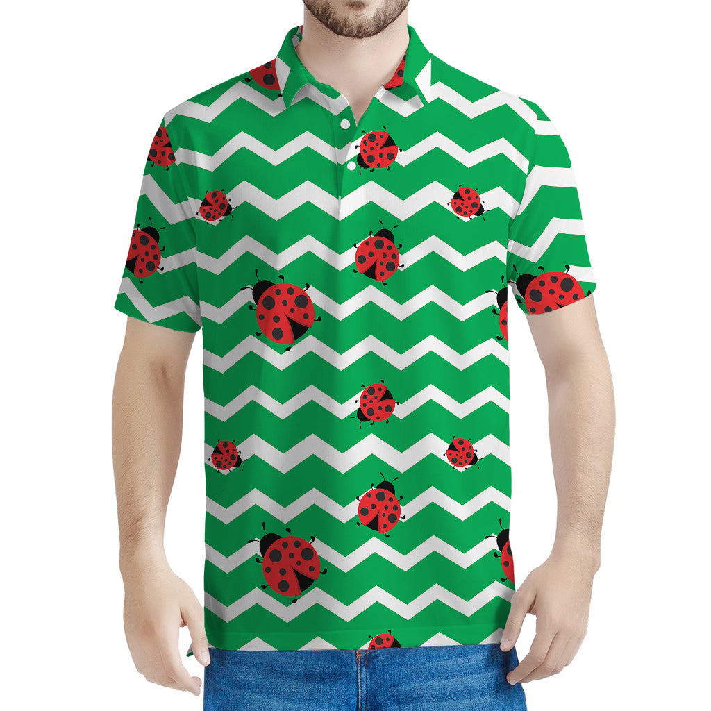 Green Zigzag Ladybird Pattern Print Men's Polo Shirt