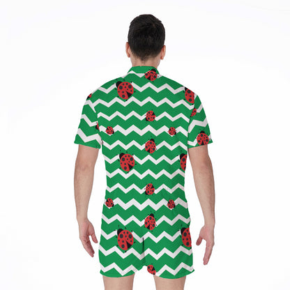 Green Zigzag Ladybird Pattern Print Men's Rompers