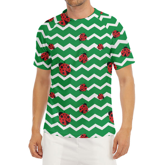 Green Zigzag Ladybird Pattern Print Men's Short Sleeve Rash Guard