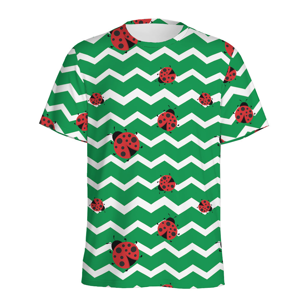 Green Zigzag Ladybird Pattern Print Men's Sports T-Shirt