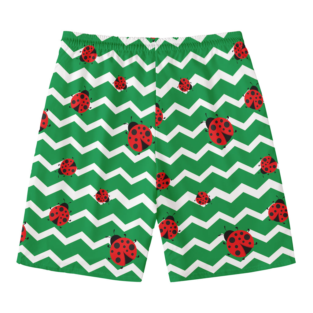 Green Zigzag Ladybird Pattern Print Men's Swim Trunks