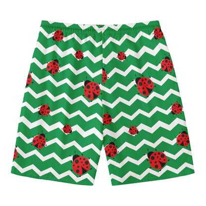Green Zigzag Ladybird Pattern Print Men's Swim Trunks
