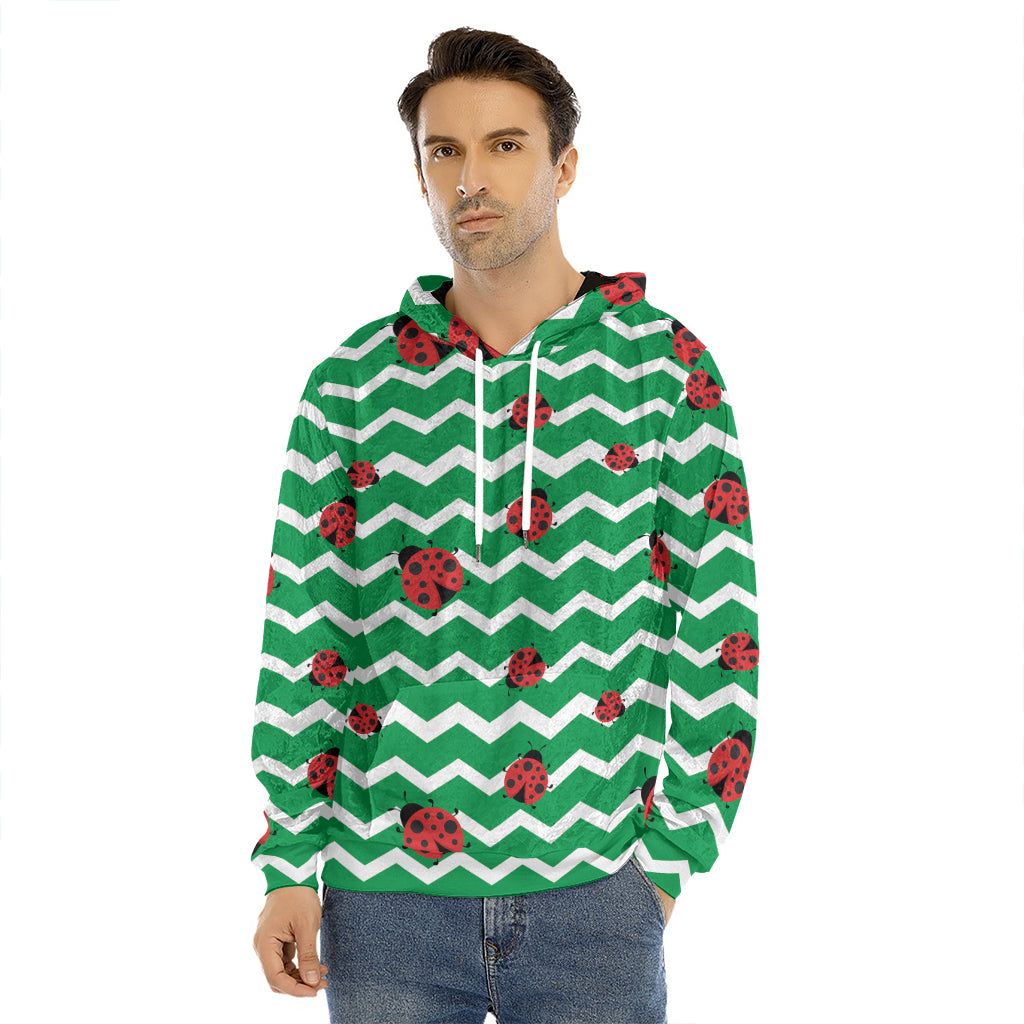 Green Zigzag Ladybird Pattern Print Men's Velvet Pullover Hoodie