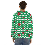 Green Zigzag Ladybird Pattern Print Men's Velvet Pullover Hoodie