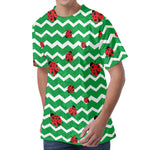 Green Zigzag Ladybird Pattern Print Men's Velvet T-Shirt