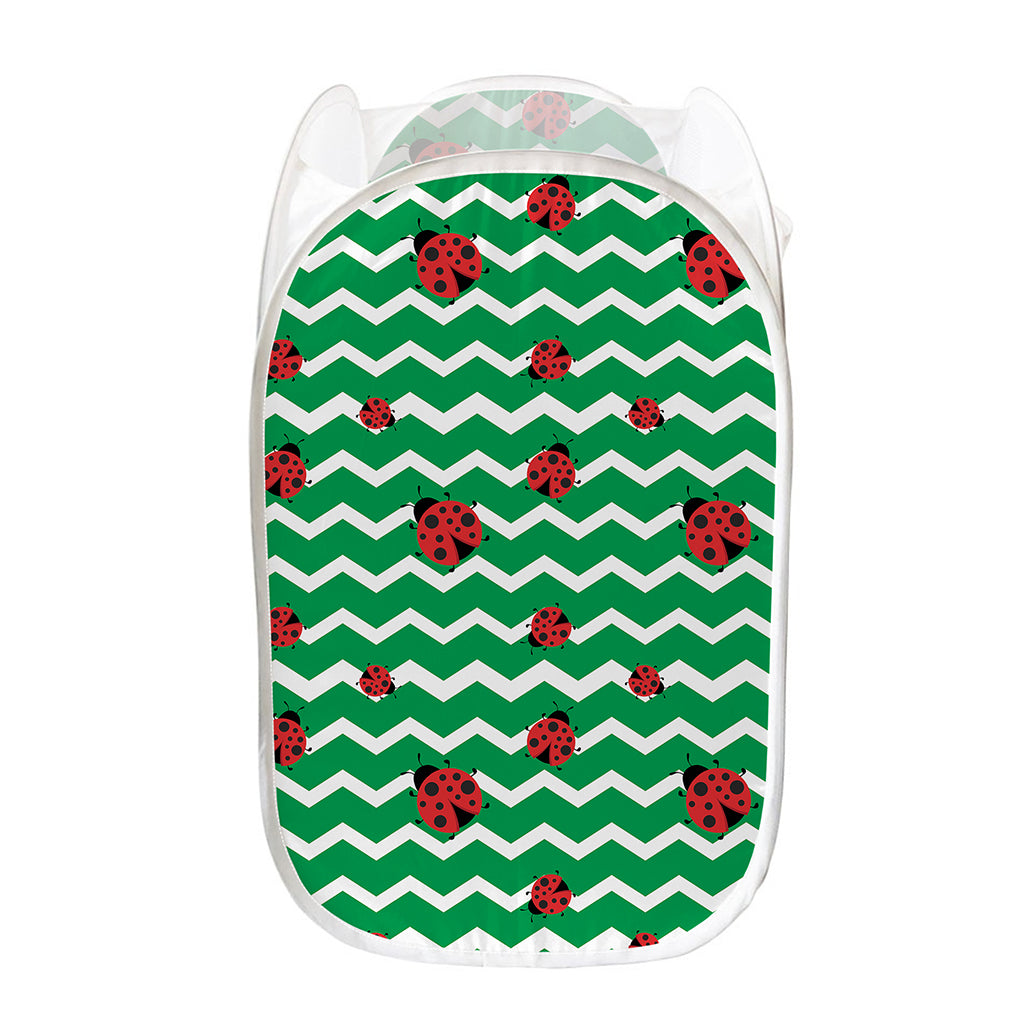 Green Zigzag Ladybird Pattern Print Mesh Laundry Hamper