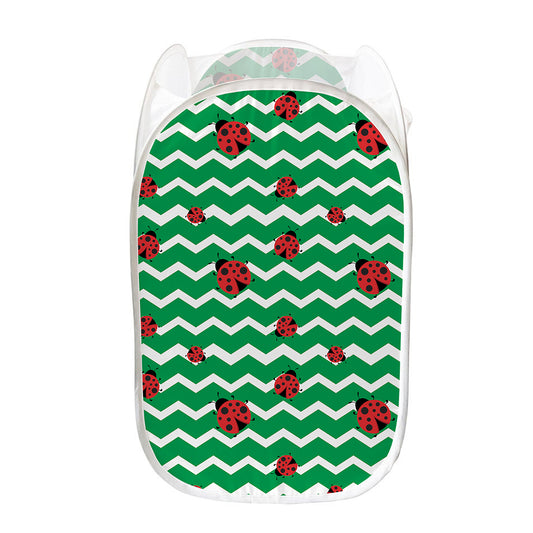 Green Zigzag Ladybird Pattern Print Mesh Laundry Hamper