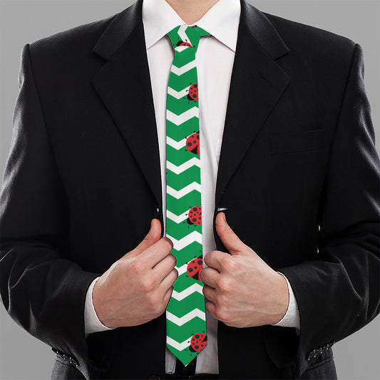 Green Zigzag Ladybird Pattern Print Necktie