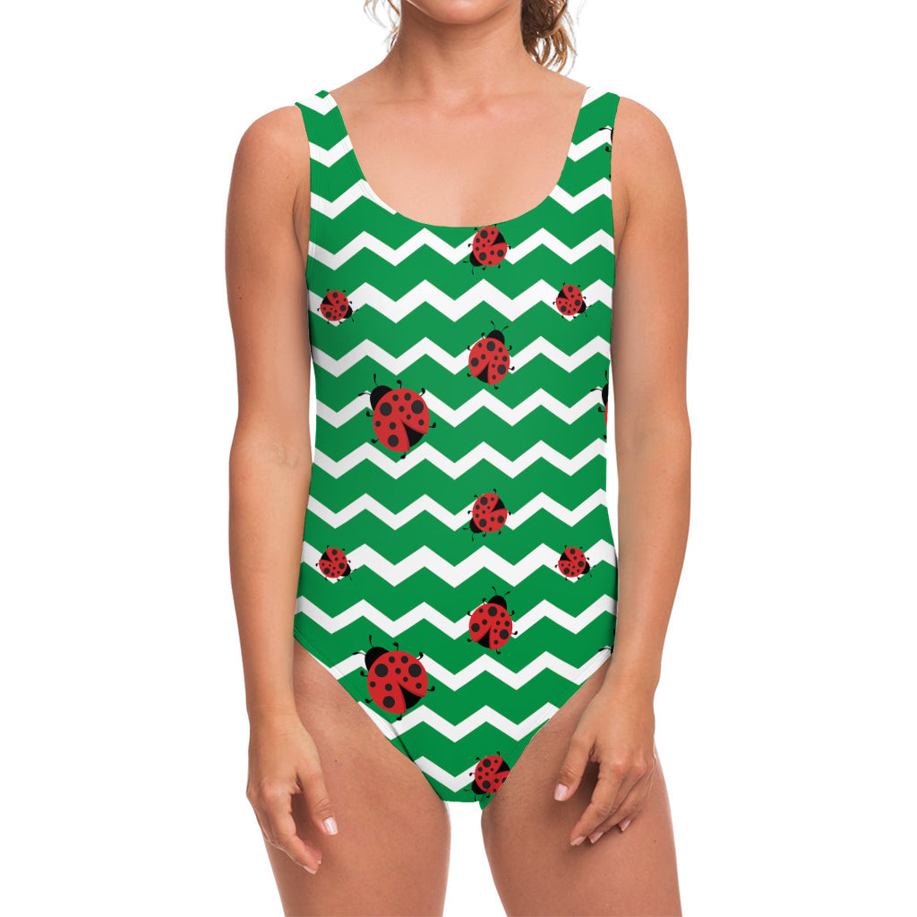 Green Zigzag Ladybird Pattern Print One Piece Swimsuit
