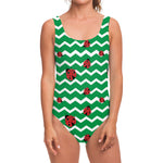 Green Zigzag Ladybird Pattern Print One Piece Swimsuit