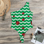 Green Zigzag Ladybird Pattern Print One Shoulder Bodysuit