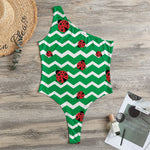Green Zigzag Ladybird Pattern Print One Shoulder Bodysuit