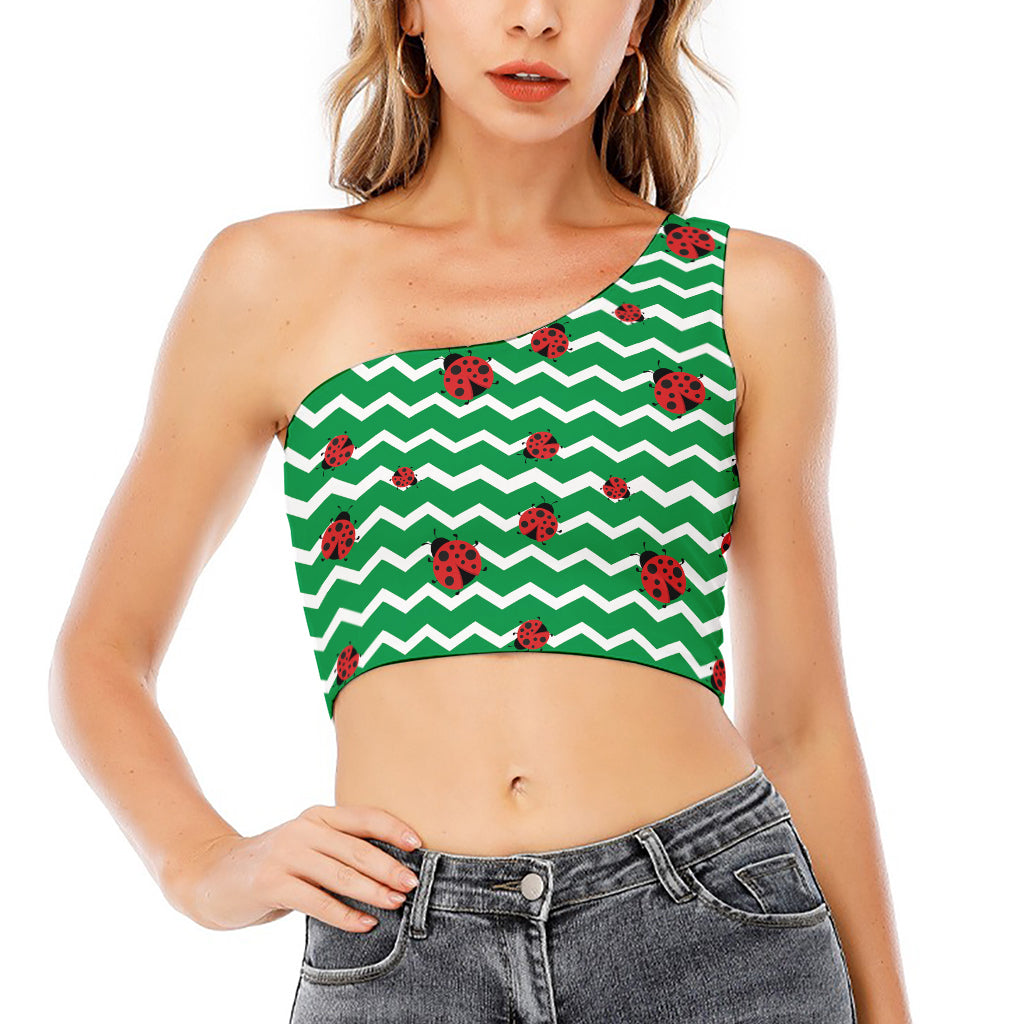 Green Zigzag Ladybird Pattern Print One Shoulder Crop Top