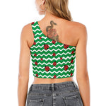 Green Zigzag Ladybird Pattern Print One Shoulder Crop Top