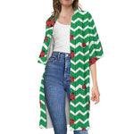 Green Zigzag Ladybird Pattern Print Open Front Beach Cover Up