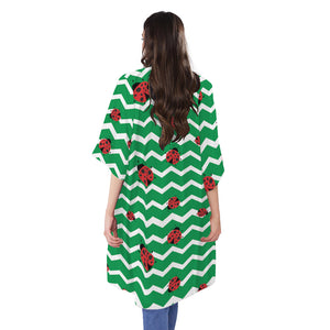 Green Zigzag Ladybird Pattern Print Open Front Beach Cover Up