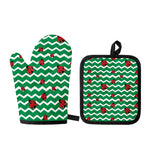 Green Zigzag Ladybird Pattern Print Oven Mitt And Pot Holder Set