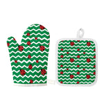 Green Zigzag Ladybird Pattern Print Oven Mitt And Pot Holder Set