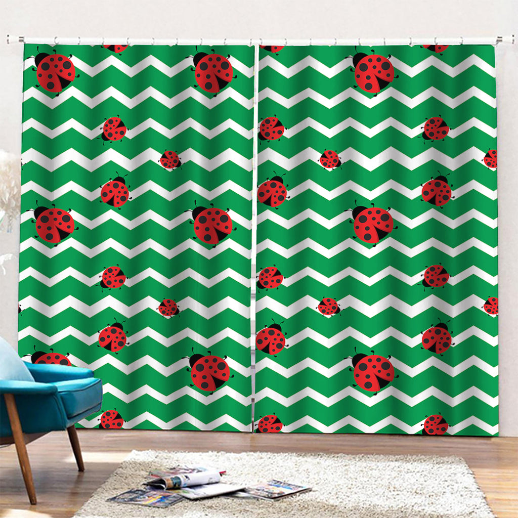 Green Zigzag Ladybird Pattern Print Pencil Pleat Curtains