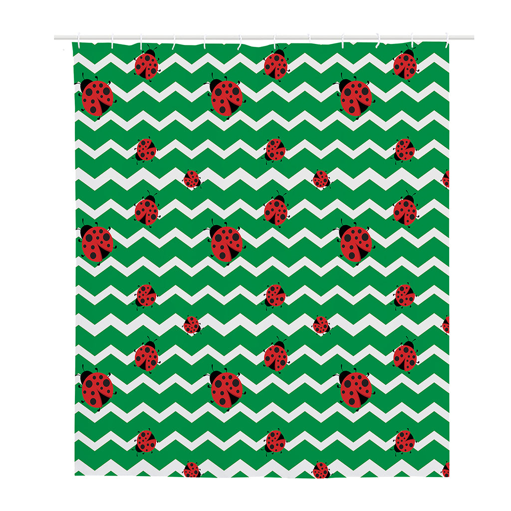 Green Zigzag Ladybird Pattern Print Polyester Shower Curtain
