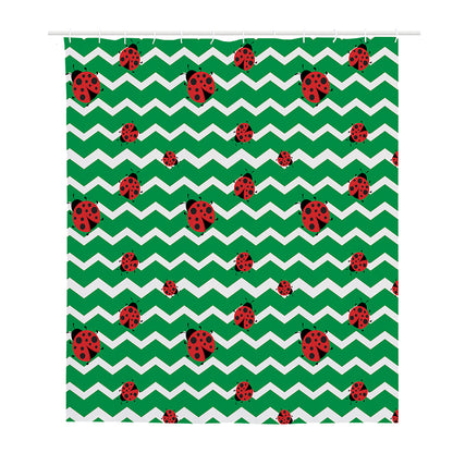 Green Zigzag Ladybird Pattern Print Polyester Shower Curtain