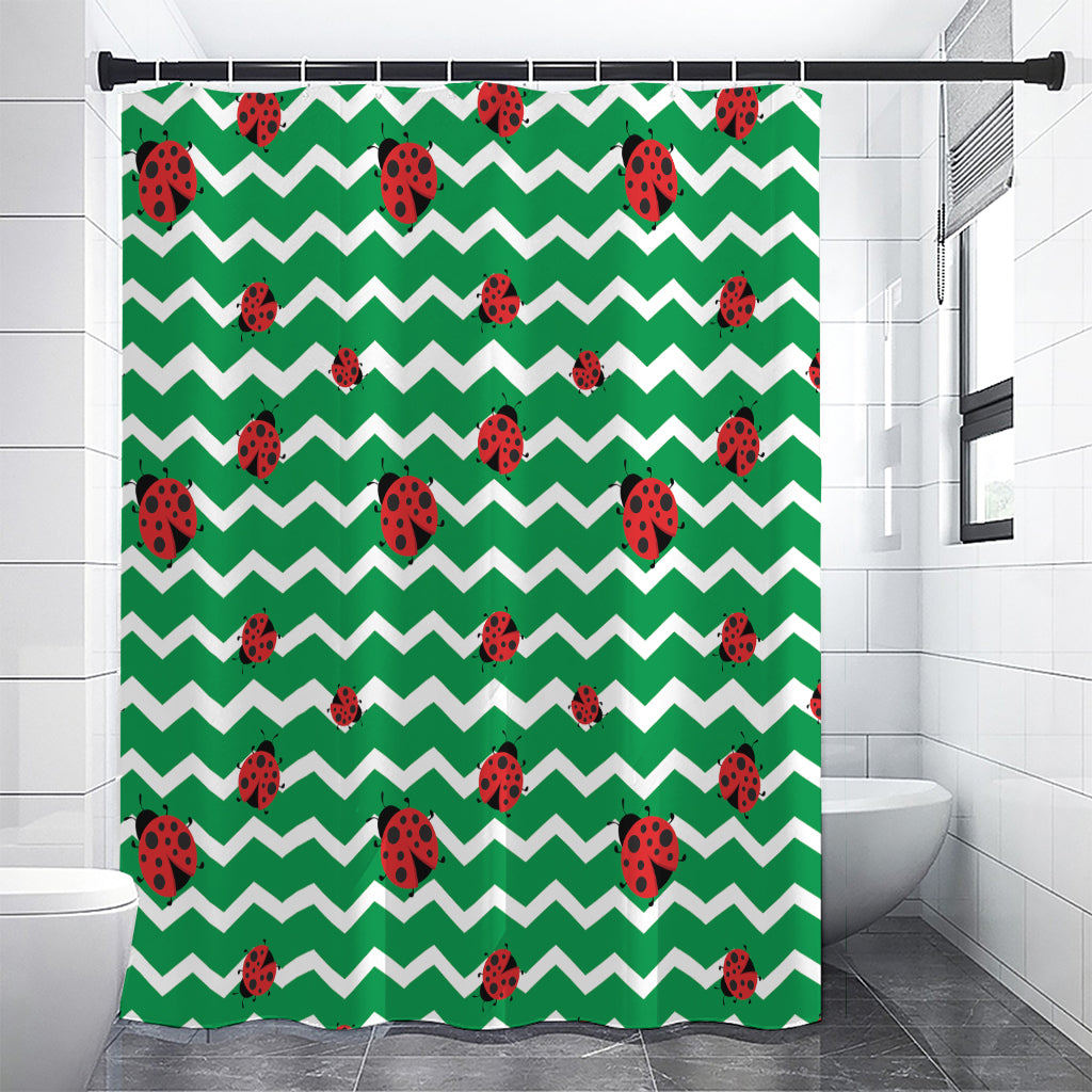 Green Zigzag Ladybird Pattern Print Premium Shower Curtain