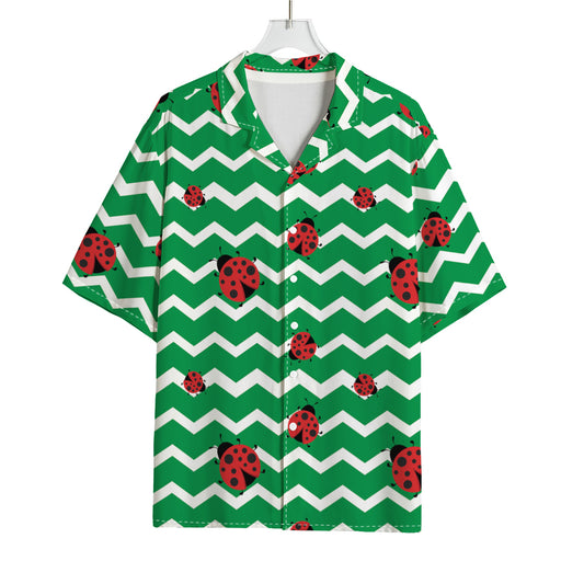 Green Zigzag Ladybird Pattern Print Rayon Hawaiian Shirt