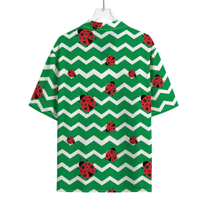 Green Zigzag Ladybird Pattern Print Rayon Hawaiian Shirt
