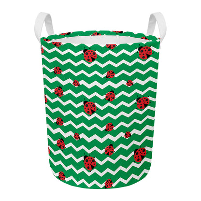 Green Zigzag Ladybird Pattern Print Round Laundry Basket