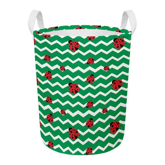 Green Zigzag Ladybird Pattern Print Round Laundry Basket