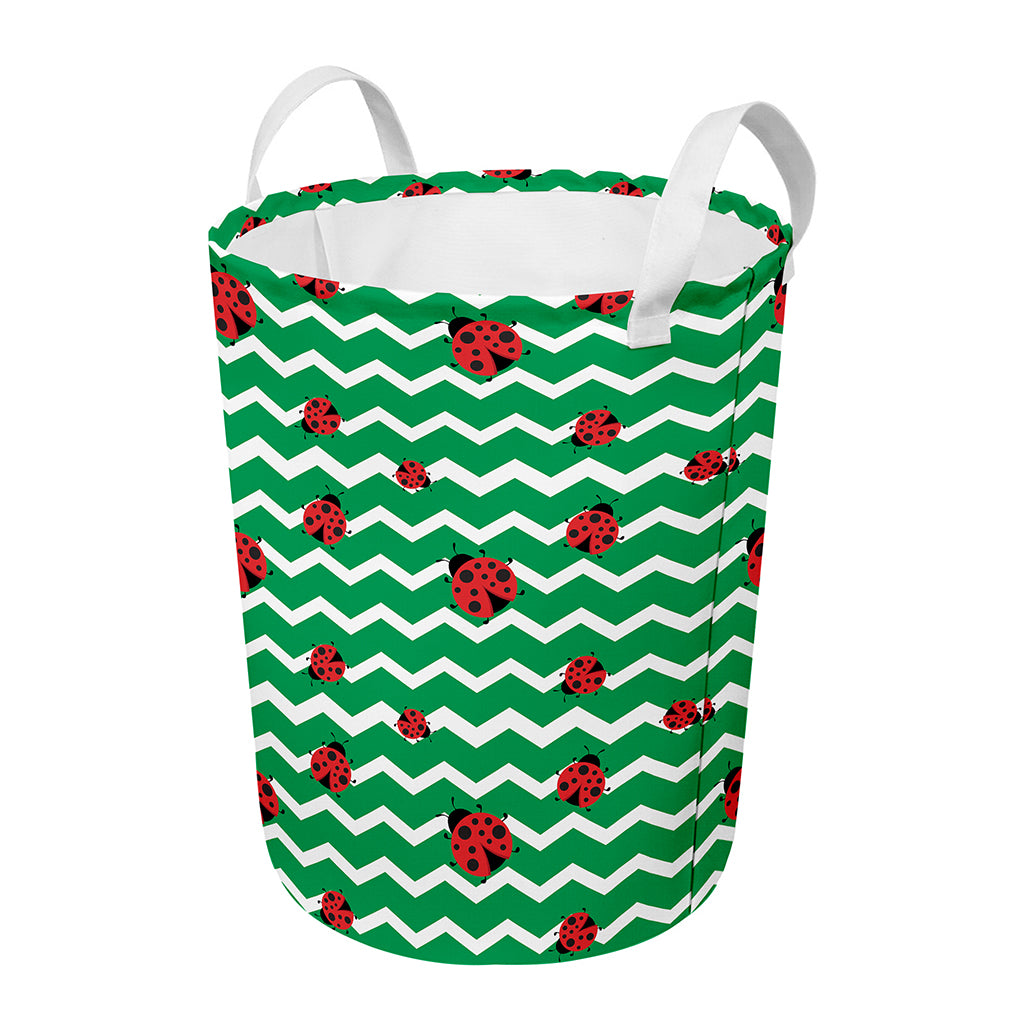 Green Zigzag Ladybird Pattern Print Round Laundry Basket
