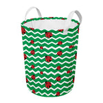 Green Zigzag Ladybird Pattern Print Round Laundry Basket