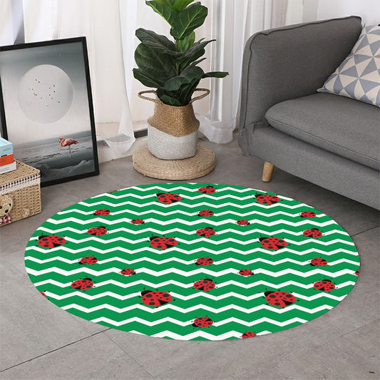 Green Zigzag Ladybird Pattern Print Round Rug
