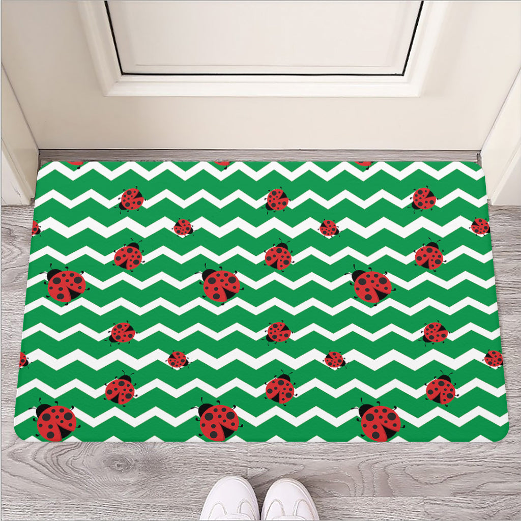 Green Zigzag Ladybird Pattern Print Rubber Doormat