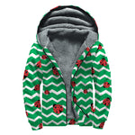Green Zigzag Ladybird Pattern Print Sherpa Lined Zip Up Hoodie