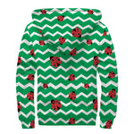 Green Zigzag Ladybird Pattern Print Sherpa Lined Zip Up Hoodie