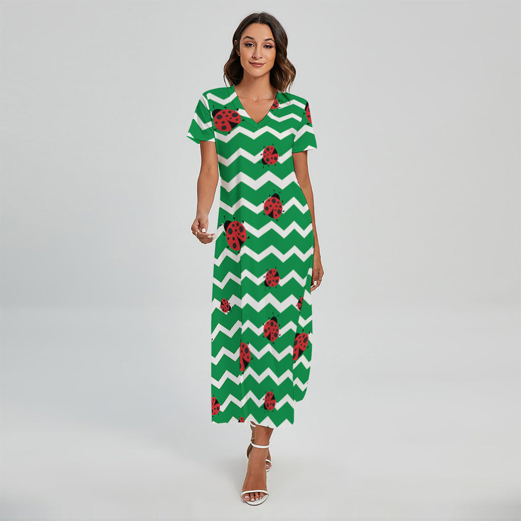 Green Zigzag Ladybird Pattern Print Short Sleeve Maxi Dress